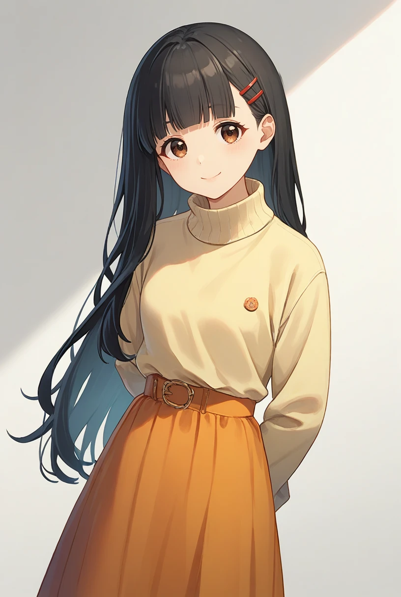 (score_9,score_8_up,score_7_up, ),
<lora:TMLH_NK_pony:1>,TMLH_NK,1girl,blunt bangs,solo,long hair,black hair,smile,hair ornament,yellow sweater,long skirt,looking at viewer,turtleneck,turtleneck sweater,orange skirt,hairclip,brown eyes,white_background,simple_background,arms behind back