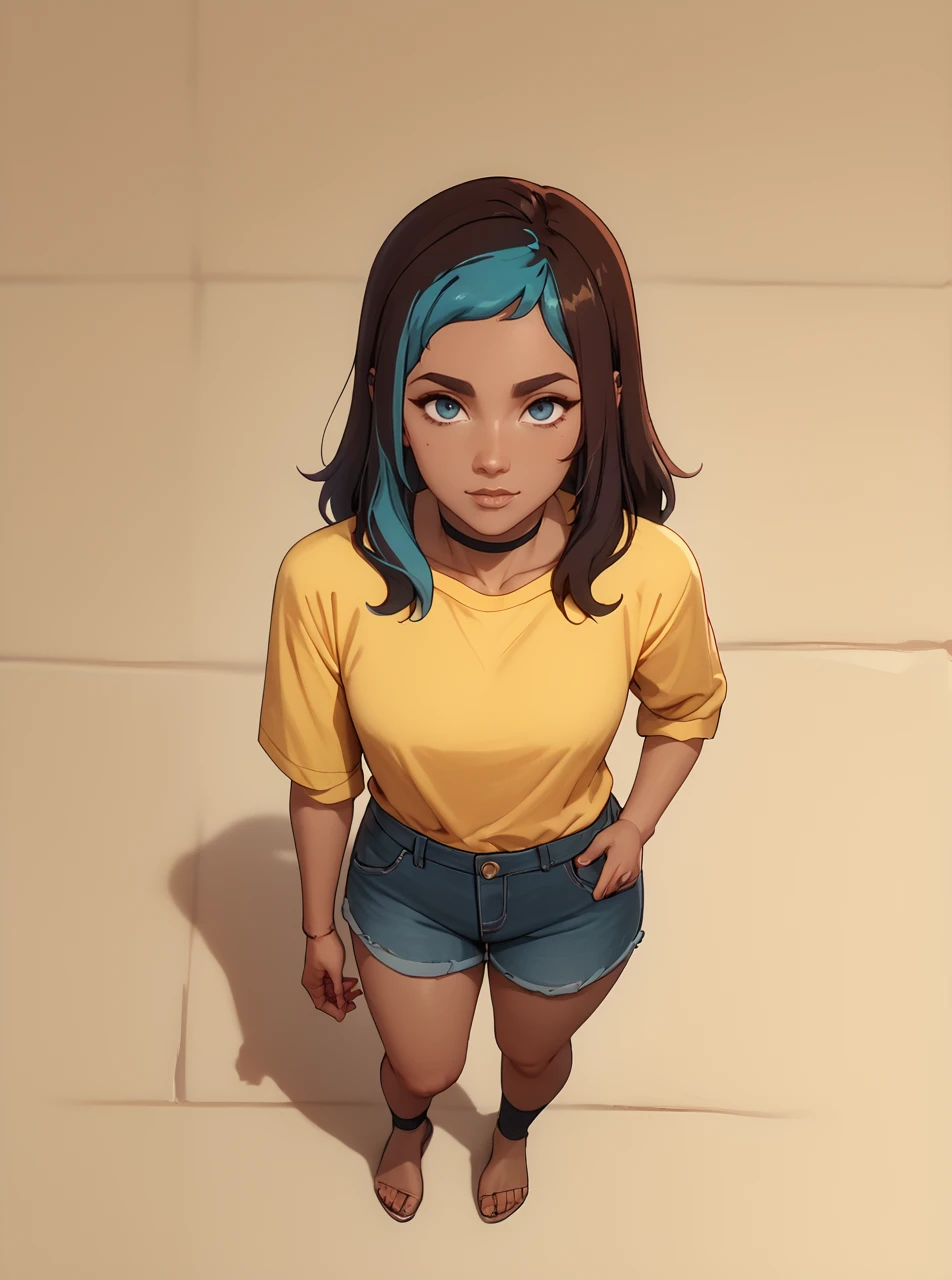 score_9, score_8_up, score_7_up, <lora:hannahpxl:1>, hannahpxlm 1girl, cartoon, western animation, looking at viewer, flat colors, outline, full body, from above, yellow shirt, dark skin, two-tone hair,