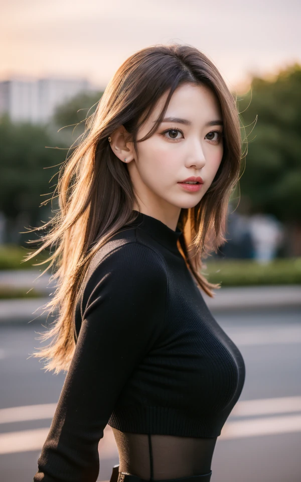 <lora:Sakura_V1:1> $@kur@,, (realistic), (hyperrealism), (photorealistic:1.4), 1girl, looking at the viewer, eye makeup, detailed eyes, detailed face, (upper body:1.2), detailed background, black dress, walking at the streets, sunset, (windy:1.2)