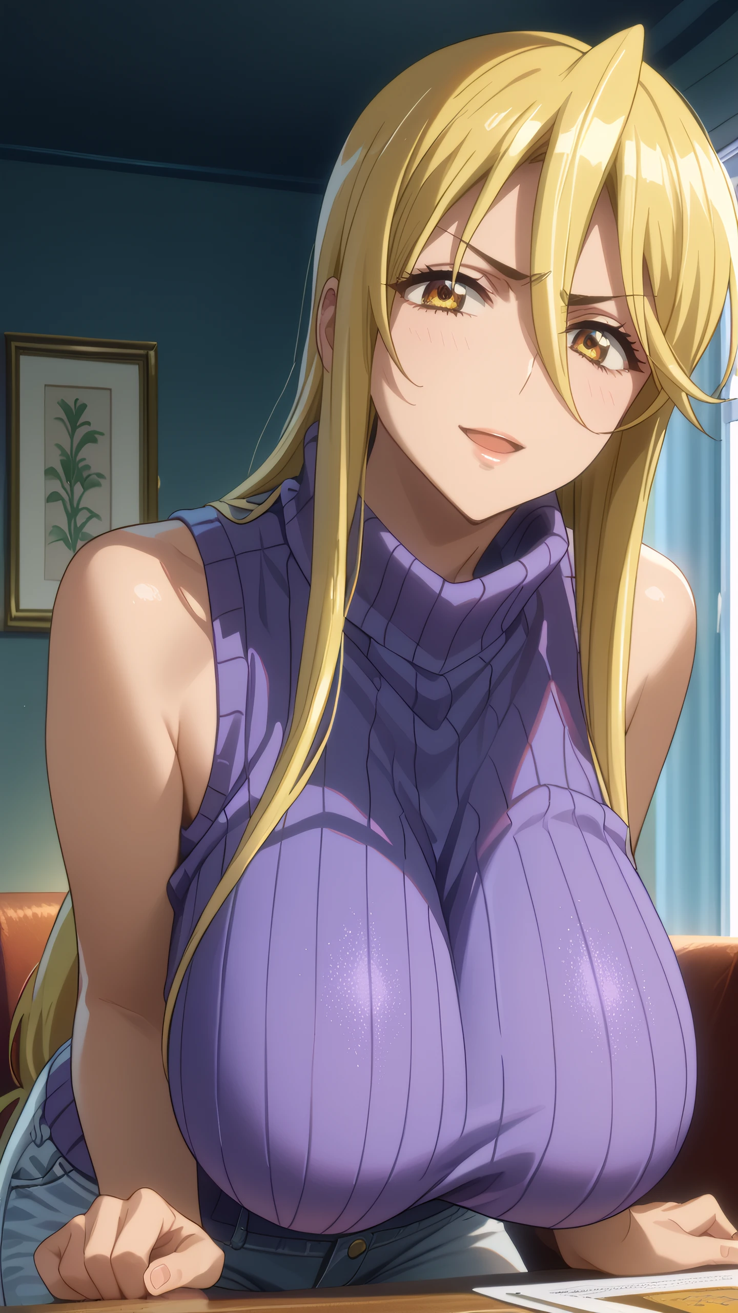 score_9, score_8_up, score_7_up, 1girl, solo, looking at viewer, anime coloring, upper body, close-up, portrait,
<lora:Shizuka_Marikawa_Dwnsty:0.8>, shizuka_marikawa, blonde hair, yellow eyes, long hair, low-tied long hair, hair between eyes, sidelocks, sleeveless turtleneck, purple sweater, ribbed sweater, vertical stripes, white pants, jeans,
lips, huge breasts, light smile, mature female, sitting, leaning forward, hands on table, annoyed, open mouth, hanging breasts,
indoors, living room, couch, table, standing, from below,
<lora:Hotd_Artstyle_Dwnsty:0.7>