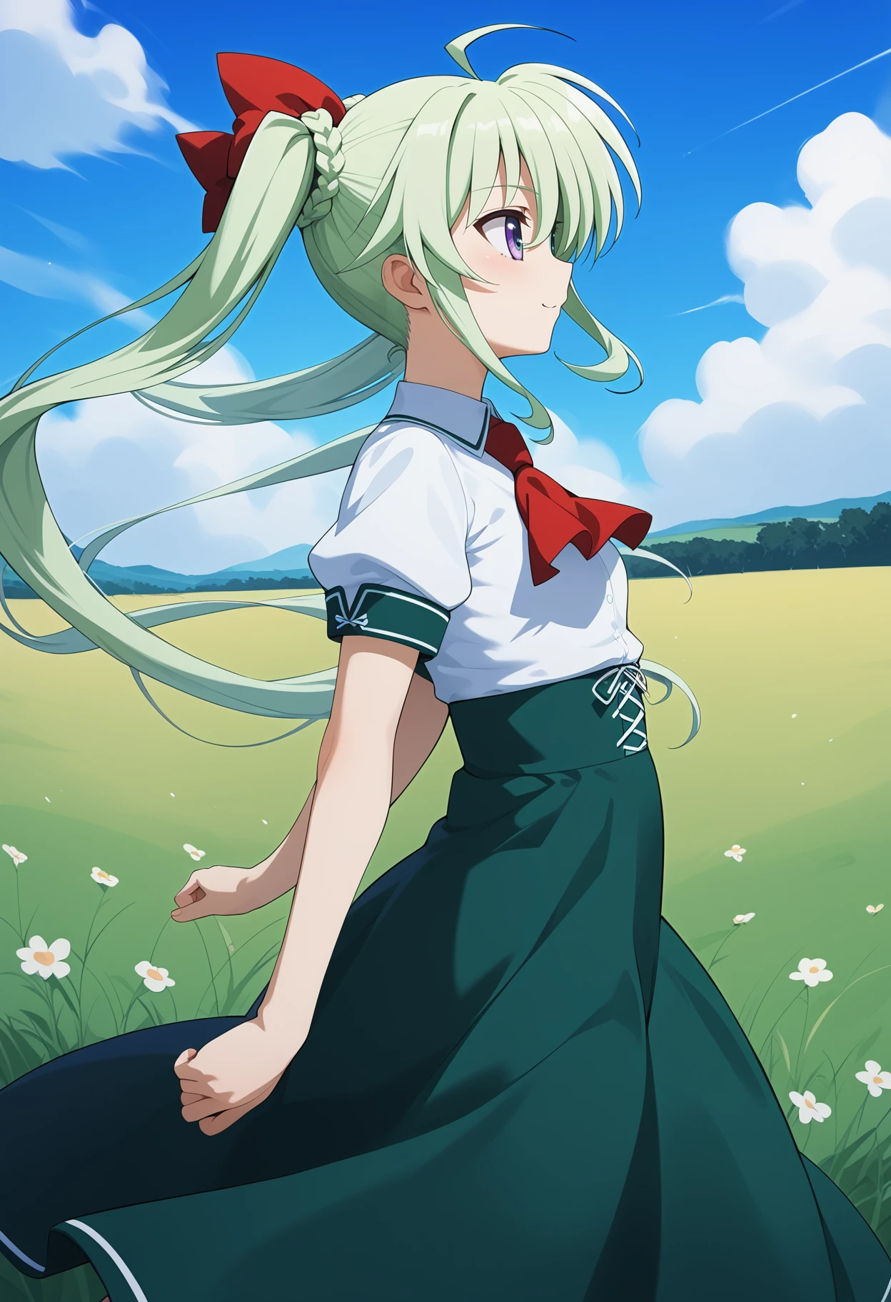 score_9, score_8_up, score_7_up, score_6_up, score_5_up, score_4_up, source_anime, aaeinhard, aged down, long hair, green hair, ahoge, twintails, hair ribbon, heterochromia, small breasts, school uniform, red ascot, white shirt, puffy short sleeves, cross-laced clothes, high-waist skirt, green skirt, <lora:einhard_stratos_ponyxl_v1:0.9>, from side, wind, field, looking at another, standing, cowboy shot, solo