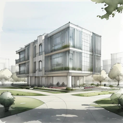 archdaily,modern contemporary building, smrefsketch , park effect , watercolor effect    <lora:ArchSketcher:1>