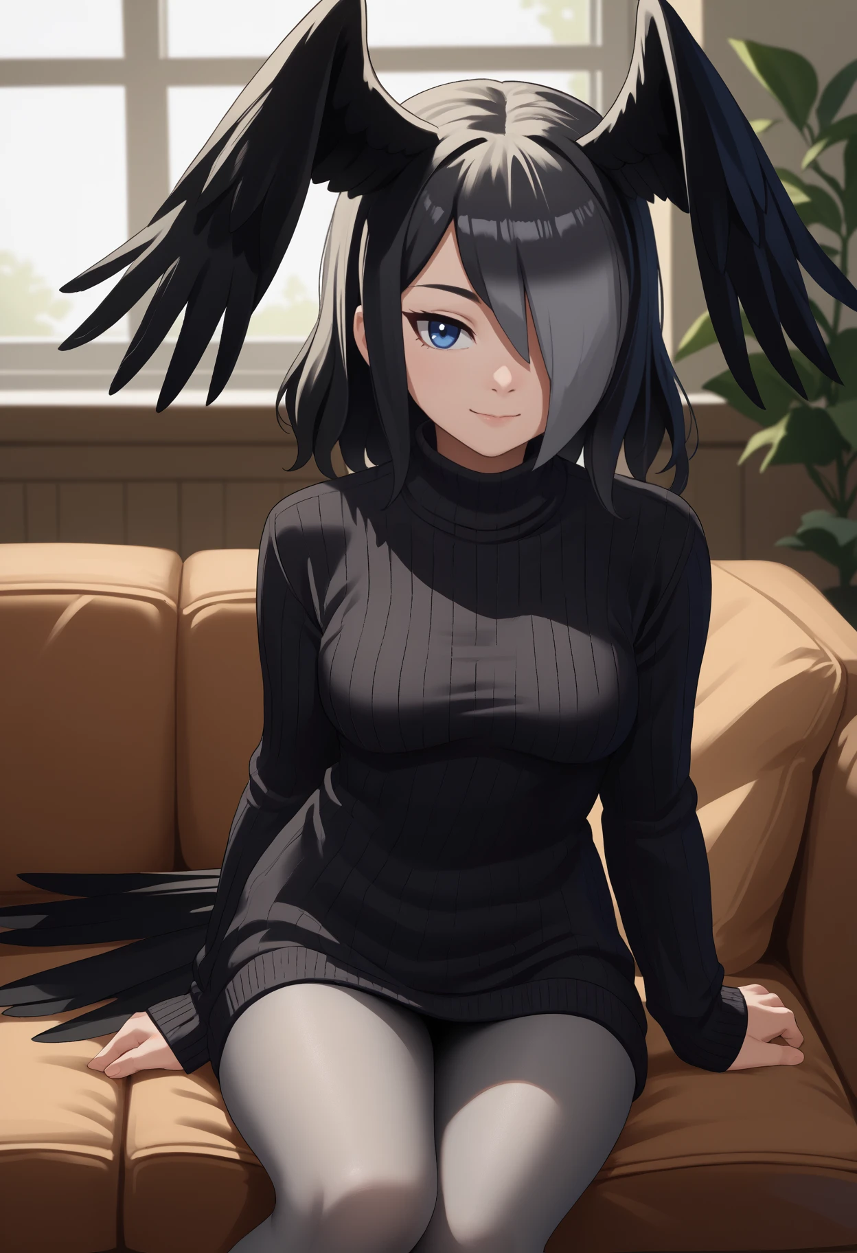 score_9, score_8_up, score_7_up, source_anime, <break> solo, 1girl, jnglcrw, bird wings, bird tail, light smile, closed mouth, looking at you, sitting, couch, multicolored hair, black hair, hair over one eye, head wings, blue eyes, black sweater, sweater dress, ribbed sweater, turtleneck, grey pantyhose, indoors, living room
<segment:yolo-face_yolov8m.pt,0.4,0.5//cid=1>