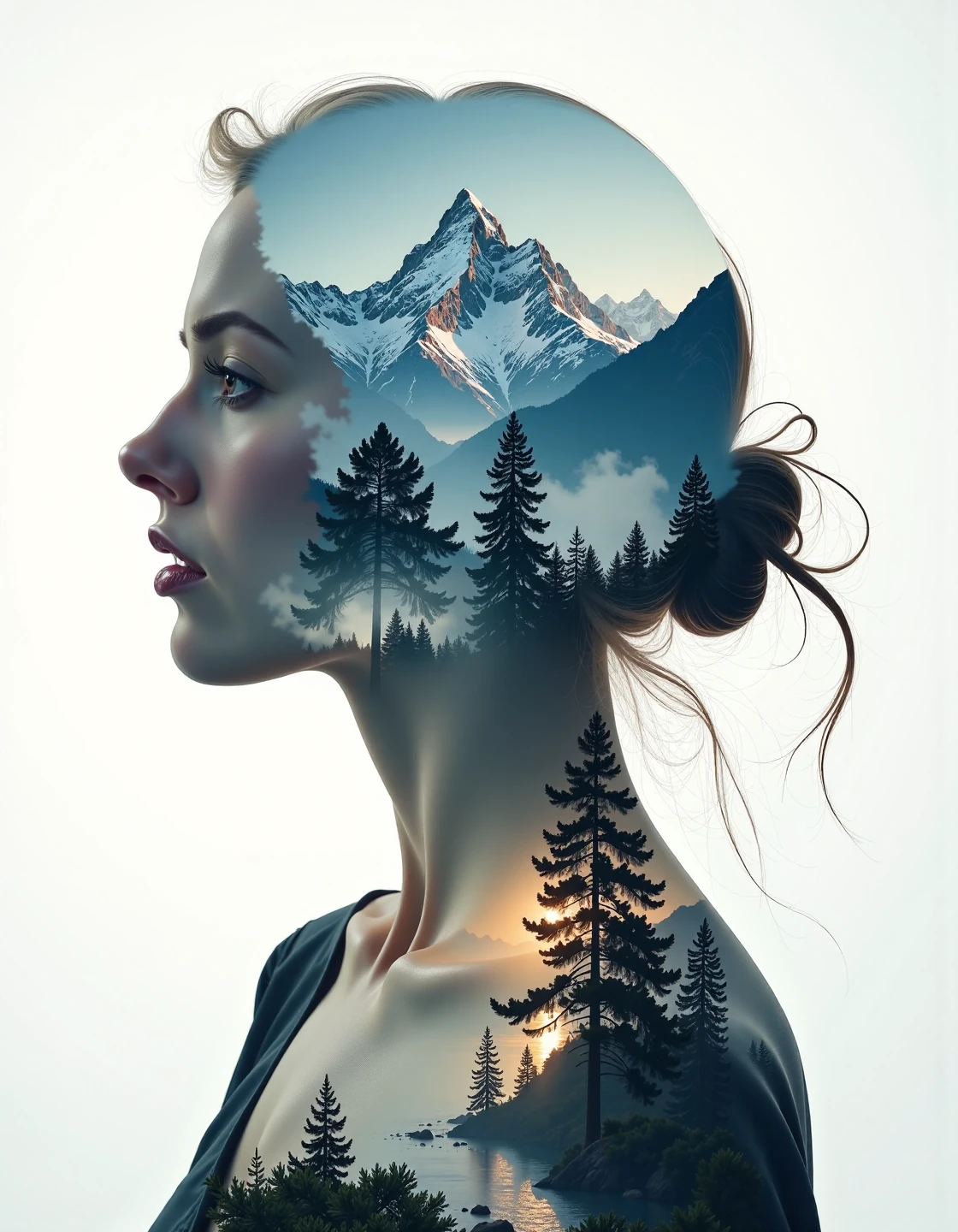 Jeddblexpsre,double exposure, A serene portrait of a woman with her silhouette filled with towering, snow-capped mountains. Inside her, you can see rugged peaks against a soft gradient sky. The background features an early morning scene with golden sunlight gently illuminating a valley below, where mist is slowly dissipating, and a river winds its way through a forest of pine trees,<lora:Flux DoubleExposure_epoch_1:1>,