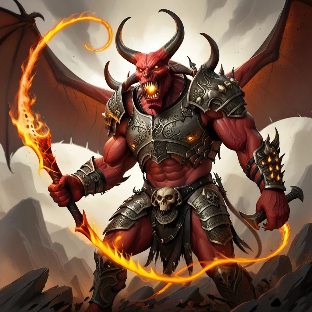 balor, wings, solo, horns, fire, armor, demon, weapon, no humans, red skin, 1boy This image is a highly detailed digital painting of a fantastical, demonic figure. The creature, a demonic warrior, stands in a powerful, dynamic pose, with a menacing expression. Its body is a deep, fiery red, with muscular, imposing physique, and it has a menacing, humanoid form with a mix of human and demonic features. The figure's head is that of a demon, with horns, a snarling mouth, and glowing red eyes. Its arms are muscular and end in sharp, claw-like hands. The creature wears dark, armor-like shoulder pads on its shoulders, adorned with intricate, glowing patterns that match the fiery aura emanating from it. The armor is black with a hint of dark red, enhancing the fiery theme. The creature's wings, large and bat-like, are a darker, more muted brown, partially transparent, and seem to be made of a leathery material. Flames and glowing energy swirl around its body, particularly around its wings and hands, adding to the fiery, demonic appearance. In its right hand, it holds a massive, curved sword with a serrated blade and a handle adorned with skulls, which glows with the same fiery energy as the rest of its body.