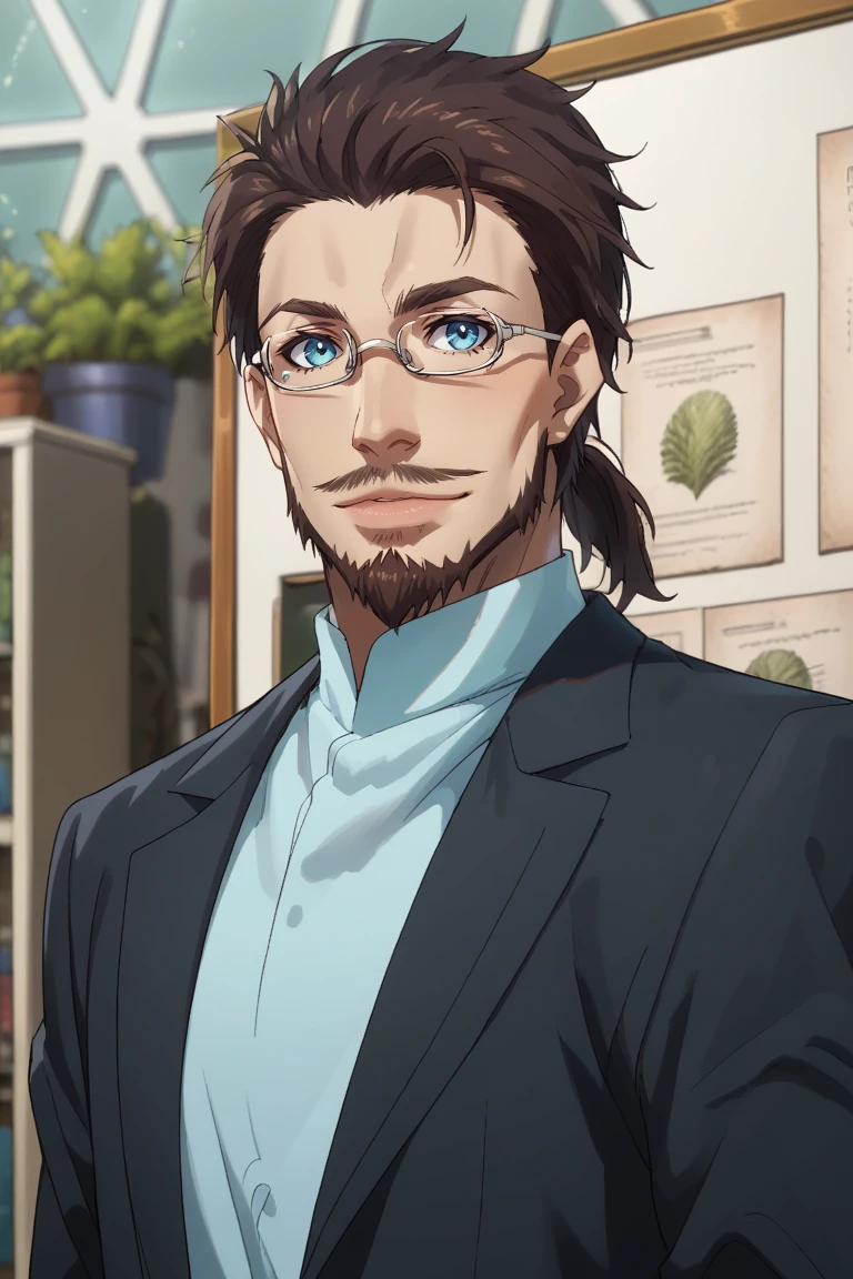 score_9, score_8_up, score_7_up, source_anime, rating_safe, male focus, VestaTGRS, grey_Vesta_glasses, dark brown_Vesta_facial hair, dark brown_Vesta_short ponytail, blue_Vesta_eyes, smiling, 1boy, intricately detailed illustration, blurry indoors