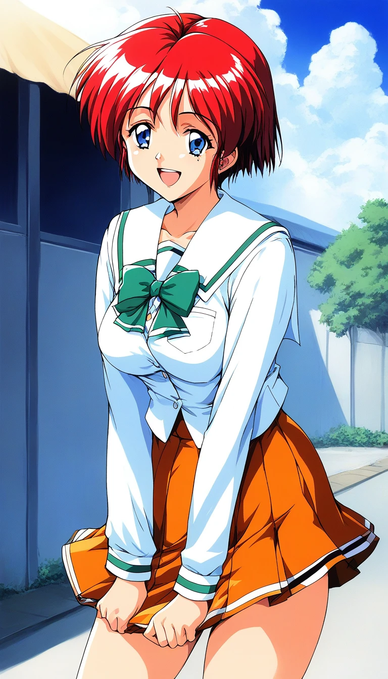 score_9, score_8_up, score_7_up, source_anime, rating_explicit, BREAK  <lora:Hinomoto_Hikari_XL:1> Hinomoto_Hikari, red hair, short hair, blue eyes, breasts, bangs
 solo, 1990s (style),  skirt,  day, school uniform, green long sleeve,
outdoors, orange skirt, smile, bow, open mouth, sky, 
smile,
looking at viewer, 
cowboy_Shot,