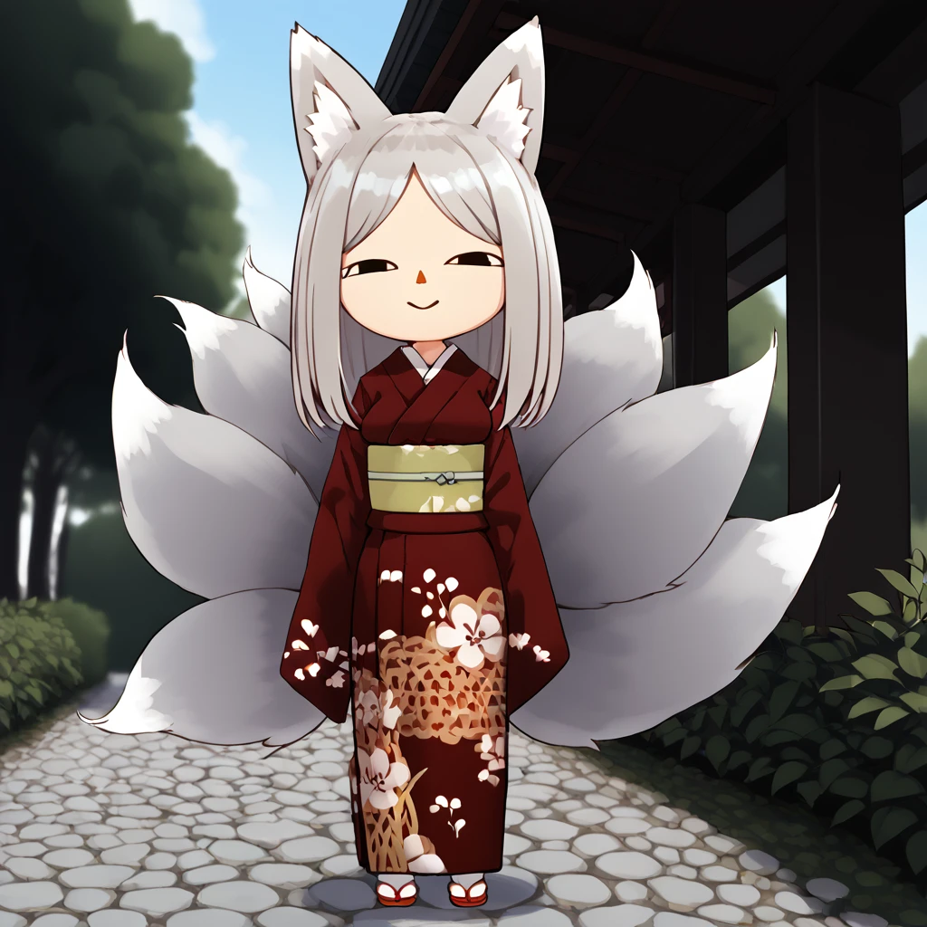 <lora:å±æ·ç:0.8> yashikikitsune, silver hair, fox ears, multiple tails, kitsune, 1girl, solo, kimono
 <lora:AC_POCKET_CAMP_HUMANS:1> achumans, triangle nose, orange nose