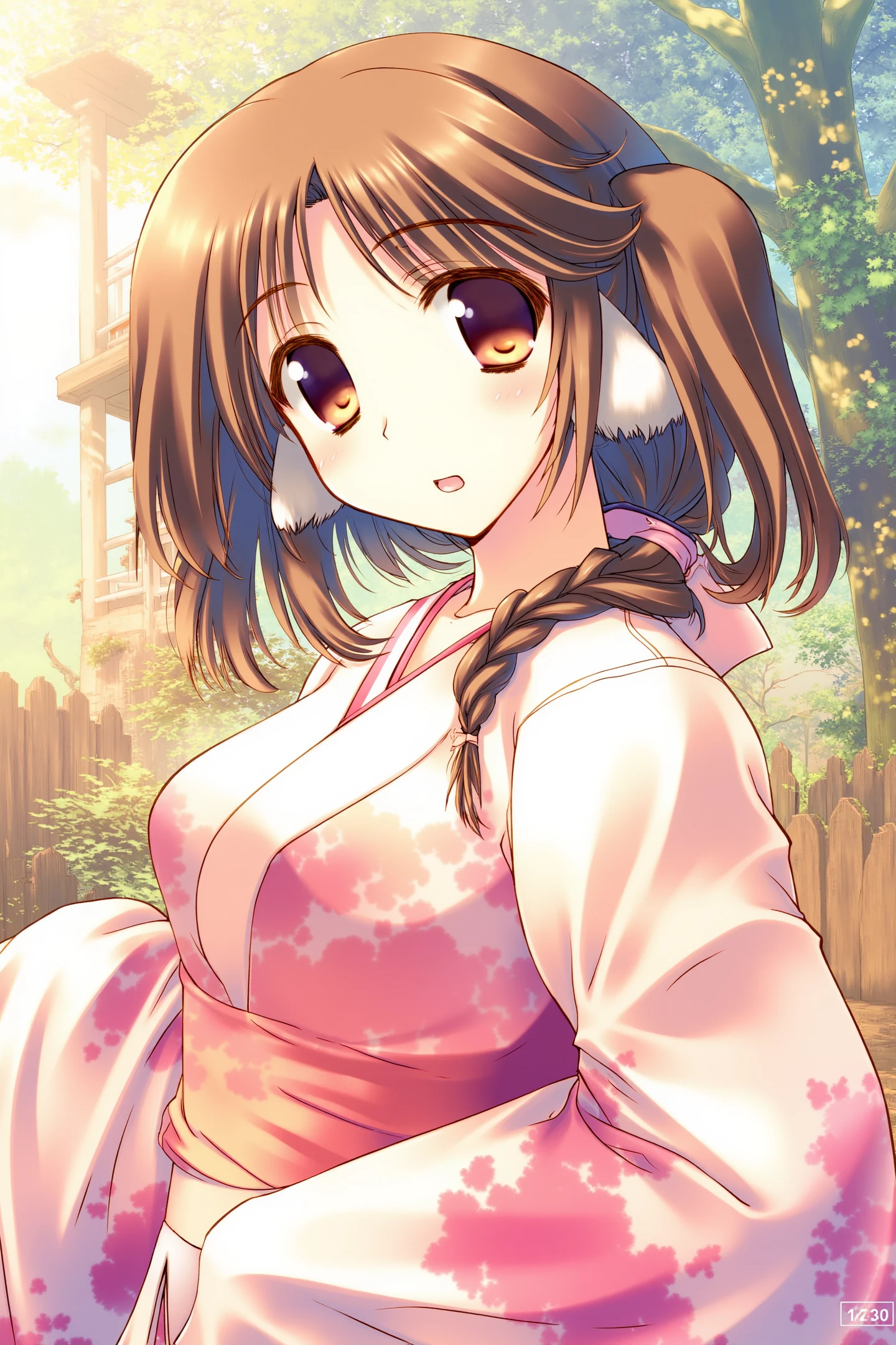 1girl,solo,animal ears,smile,dog ears,open mouth,blush,long hair,hair tubes,brown eyes,:d,japanese clothes,bangs,brown hair,parted bangs,upper body,layered sleeves,looking at viewer,treehouse,
<lora:Amaduyu Tatsuki_FLUX:1>,