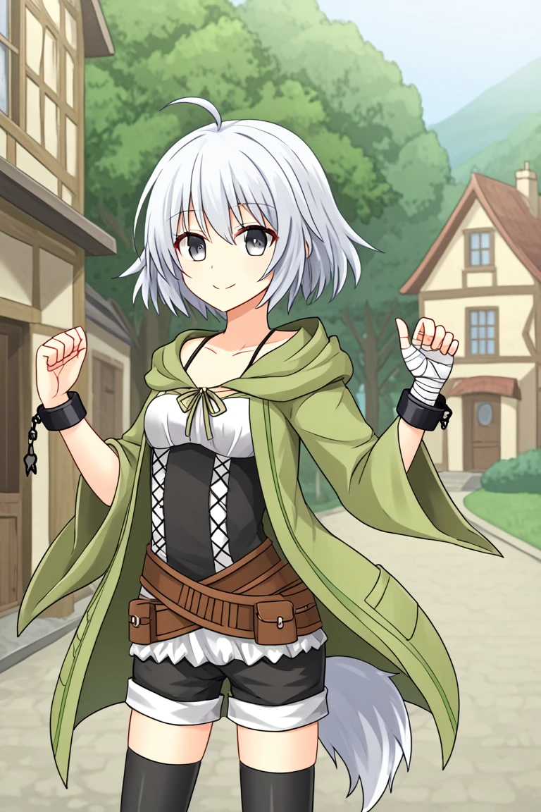 1girl, solo, rainaygo, duel monster, white hair, short hair, ahoge, grey eyes, green robe, open robe, hooded robe, corset, brown belt, black shorts, black thighhighs, single glove, shackles, bandaged hand, standing, outdoors, village, cowboy shot, smile