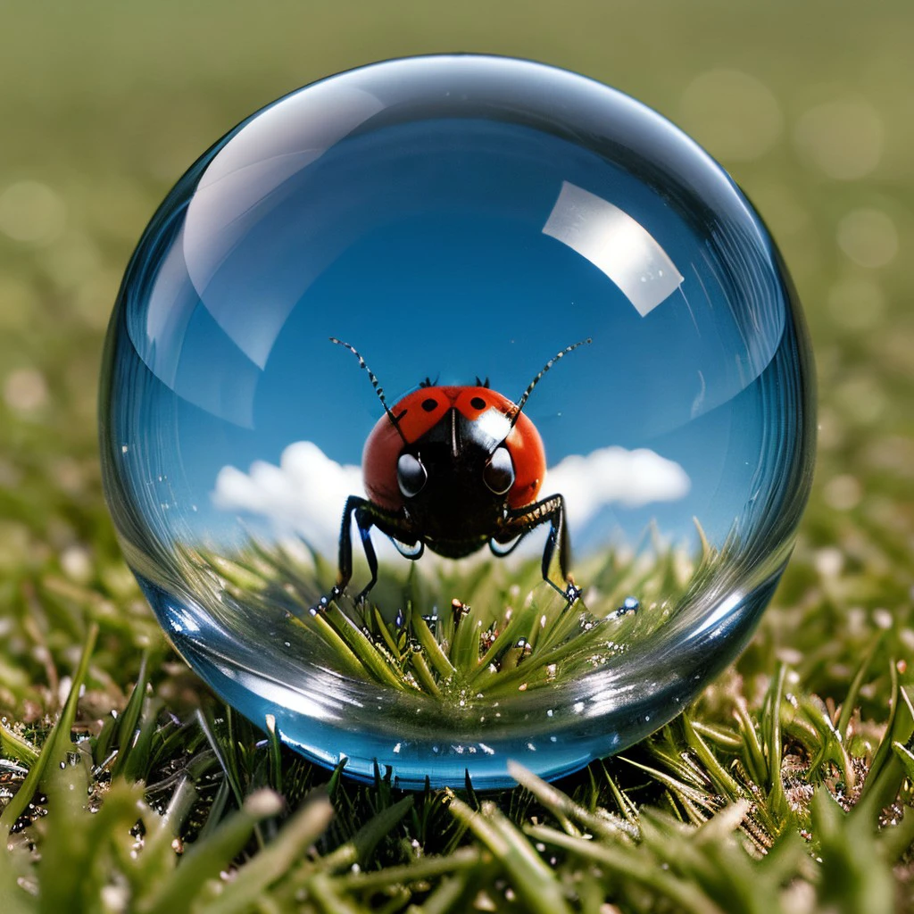 masterpiece, best quality, intricate photo, glass sphere with highly detailed ladybug in the grass, Background blue cloudy sky, hyper realistic, highly detailed, sharp focus, high resolution, 8K, <lora:GlassSphere_v12:0.3>