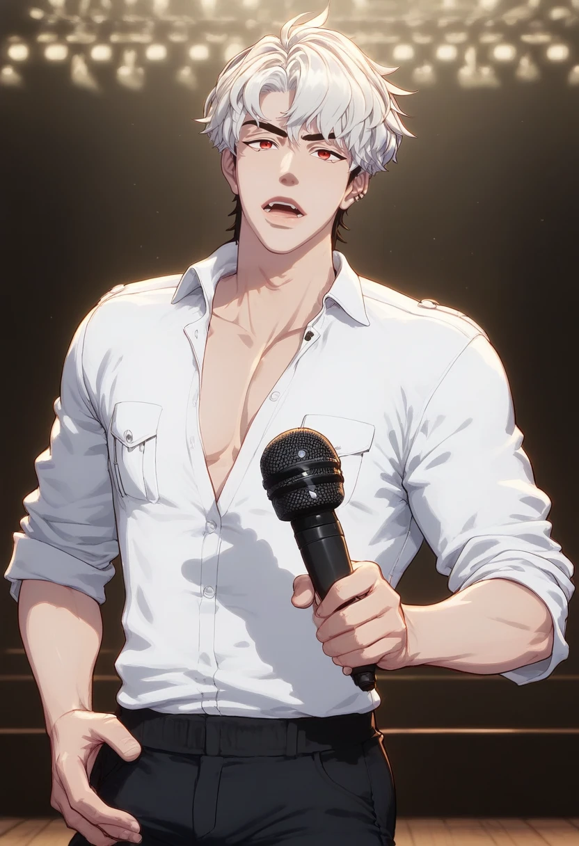 score_9,score_8_up,score_7_up,source_anime,uncensored,
1boy,solo,male,<lora:Eunho>,short hair,two-tone hair,white hair,black hair,red eyes,detailed hair,(highlight:1.3),slender body,looking_at_viewer,thick lips,open mouth,teeth,
posing,microphone,holding,sing,adapted_uniform,collared_shirt,blackpants,cowboy_shot,
Indoor,stage,
<lora:Expressive_H:0.8>,Expressiveh,<lora:artisticjinsky-Pony-XL-v6:0.3>,<lora:aesthetic_anime_v1s:1.2>,<lora:Body weight slider 2_last:1>,