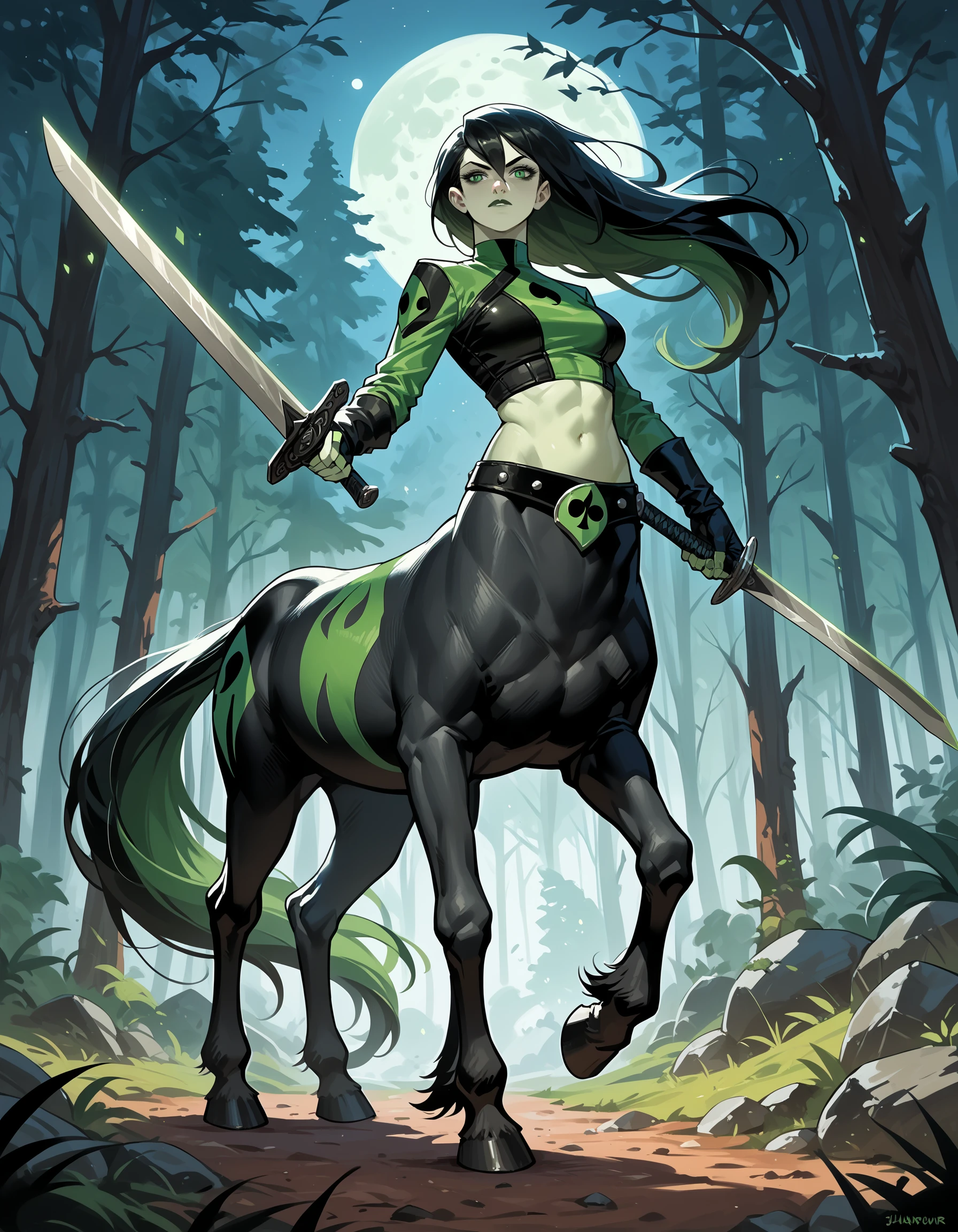 score_9, score_8_up, score_7_up, score_6_up, score_5_up, score_4_up, hud_c3ntaur, 1girl, shego, solo, monster girl, armor, holding sword, centauroid, taur, centaur, <lora:hud_c3ntaur_XLP:0.6>, forest, night, moon