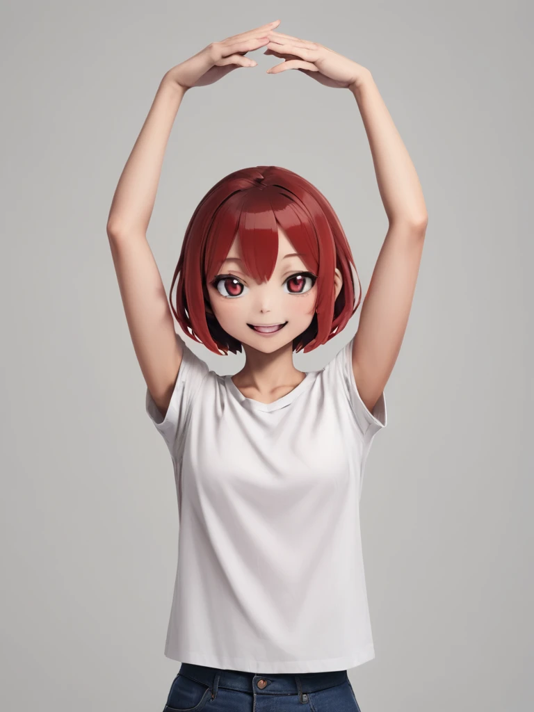 (maru_arms:1.2), (arms up:1.2), (happy smile:1.2), (wide shot:1.3), (wide angle:1.3), best quality, brightness, akaichan, 1girl, solo, (portrait:1.2), (simple white tshirt:1.4), denim pants, detailed red eyes, (red short hair:1.4),(simple unprinted white t-shirt:1.4), standing, talking, (open mouth:0.6), (white background:1.4), (from side:0.8), looking away, (simple unprinted white t-shirt:1.4),  <lora:AkaichanSDXL_v1:0.75> <lora:neg4all_bdsqlsz_xl_V91:1> <lora:badhands:0.7>
<lora:maru_armsSDXL_v2:0.8>,