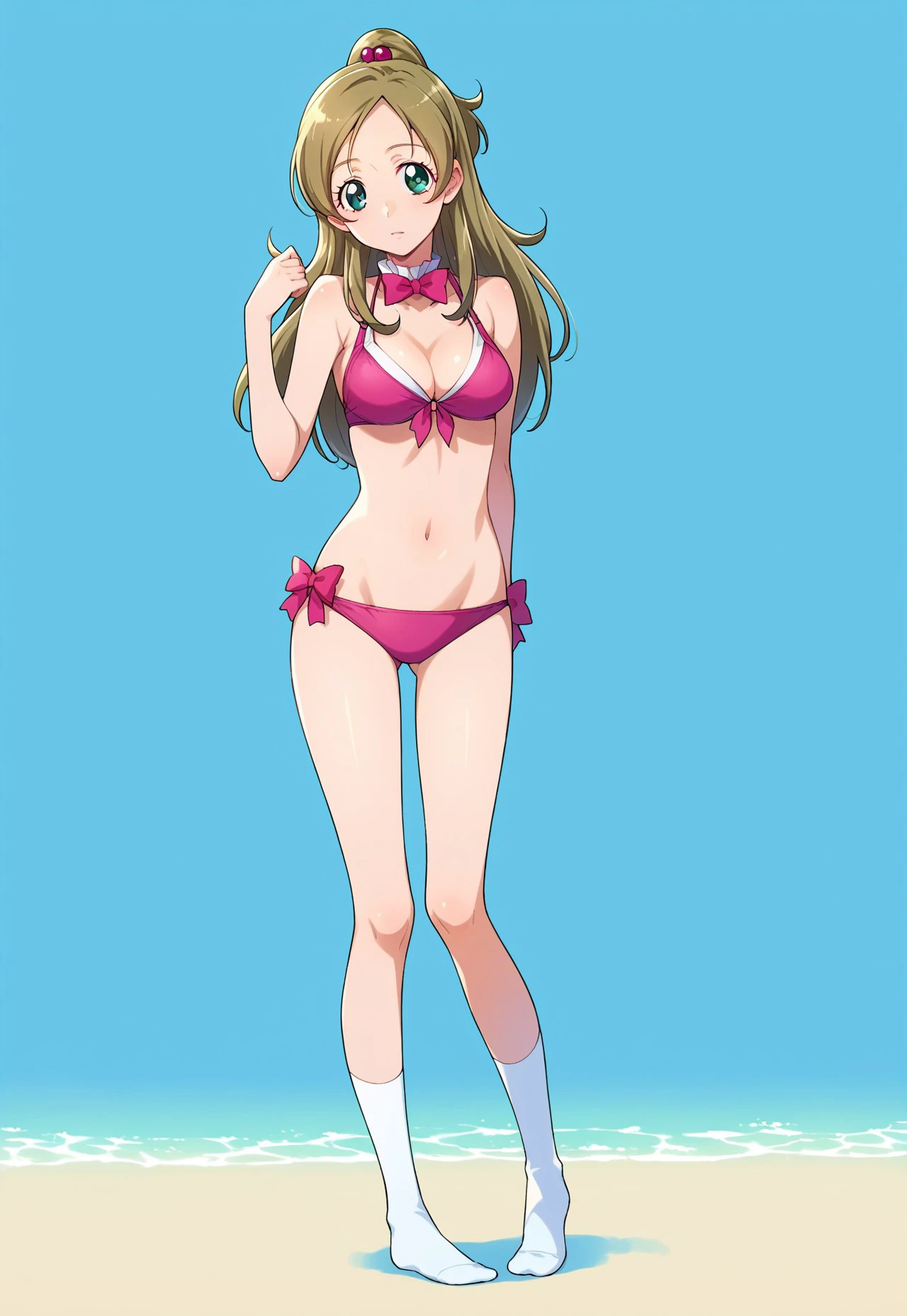 ((masutepiece, Best Quality, hight resolution, nffsw, Perfect Pixel, depth of fields, 4K, )), 1girl in, Solo, , Beautiful anime girl, Beautiful Art Style, close up, Looking at Viewer, Perfect body, long hair, braided hair, light blonde hair, (small boob), green eyes, Full face blush, Smile, thighs thighs thighs thighs, navy playboy bunny, red bowtie, hands on hips, white background, cowboy shot, Focus,