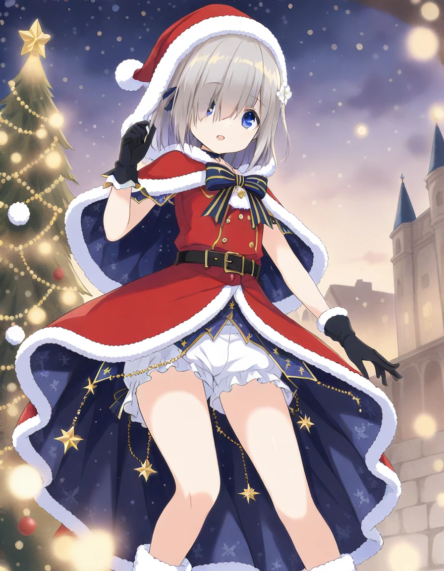 isuzu ren, santa costume, showgirl skirt, two-sided dress, white bloomers, gold trim, high belt, gold trim white boots, bare legs, black gloves, outdoor, <lora:20240917153047_isuzu_ren_animagine-xl-3.1:0.7>