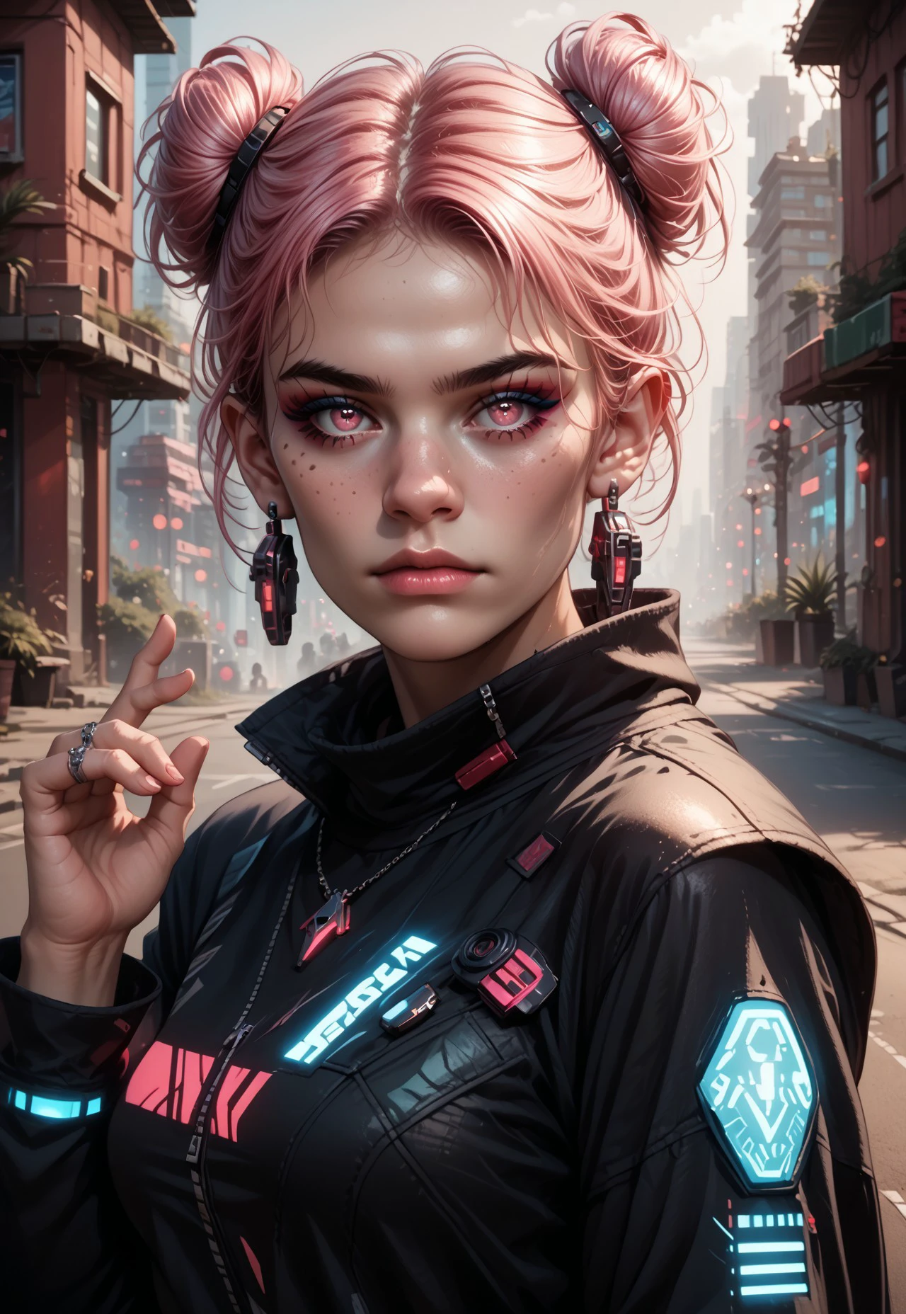 safe_pos, vdfp1, 1girl, closed mouth, cyberpunk, double bun, earrings, freckles, glowing, hair bun, hand up, jewelry, lips, looking at viewer, makeup, medium breasts, necklace, nose, outdoors, pink eyes, pink hair, ring, solo, upper body,,, BREAK Score_PnyReal