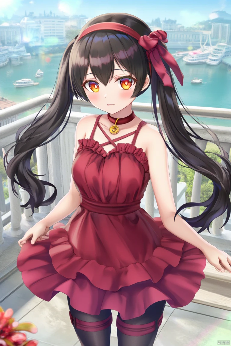 An illustration by artist Torino Aqua. highres,novel illustration,best quality, masterpiece,1girl,solo,date a live,tsunako,tokisaki kurumi,long hair,black hair,twintails,low twintails, heterochromia,clock eyes,symbol-shaped pupils,yellow left eye, red right eye, breasts,medium breasts,black thighhighs, hairband, fashion, lolita_hairband, symbol-shaped_pupils, floating_hair, collarbone, choker, ribbon, bare_shoulders, red_ribbon, dress, sensual, temptaion, standing, outdoors, looking at viewer, shy, smile