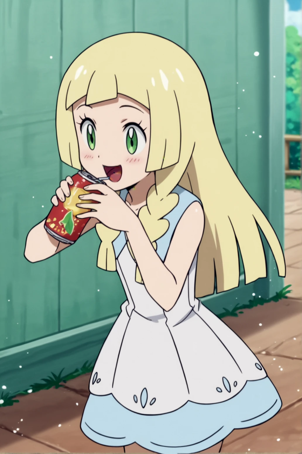 score_9, score_8_up, score_7_up,anime_source, source_anime, best background, detailed background, anime screencap,  Lillie, Main Outfit, indoors, blush, happy, dynamic angle, dynamic pose, drinking, can, outdoors, soft particles, <lora:JN_Lillie:0.8>