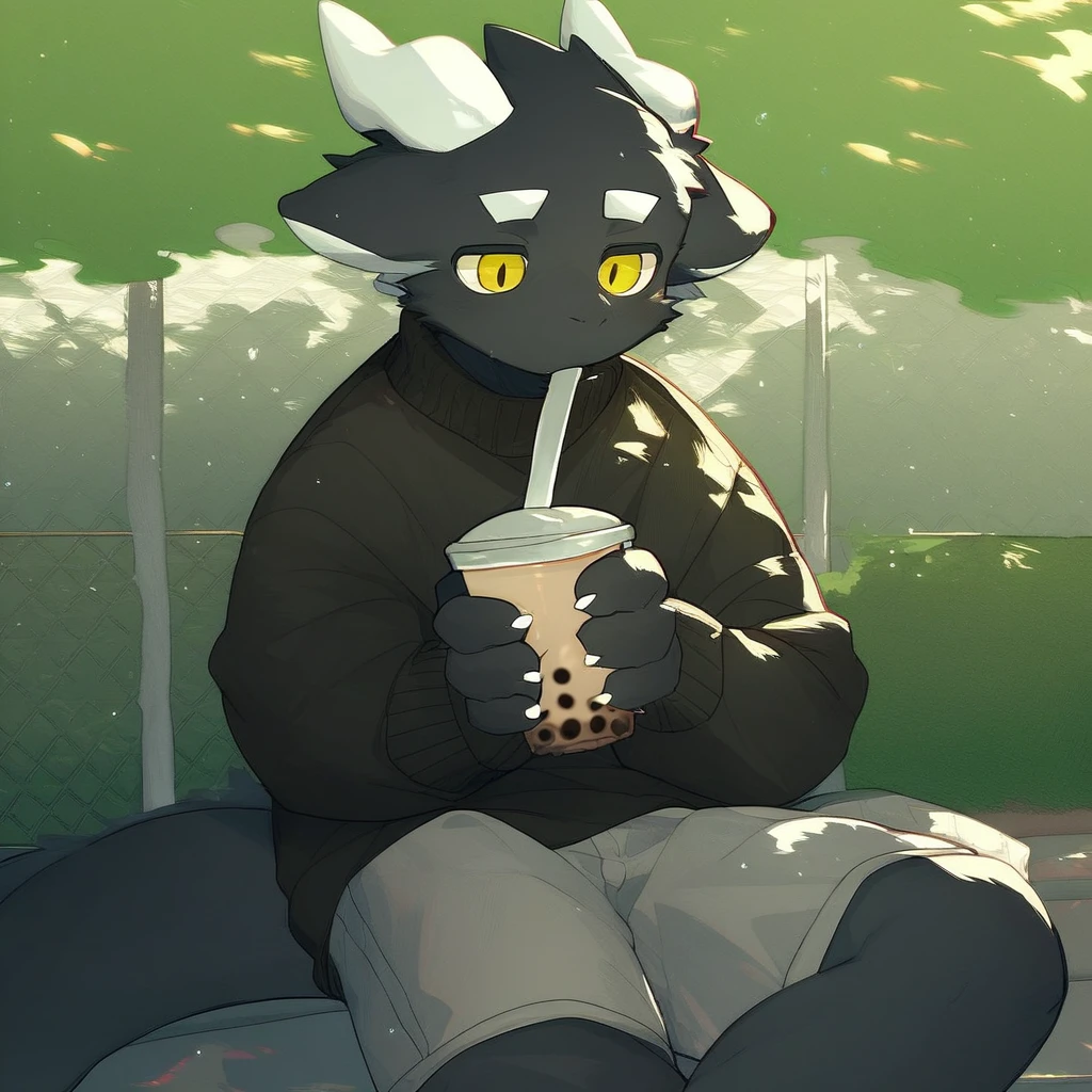 score_9_up, score_8_up, score_7_up, source_furry, mikus-milkytiger, black dragon, black body, white horns, yellow eyes, park, holding, bubble tea, black sweater, gray shorts, 1boy, solo