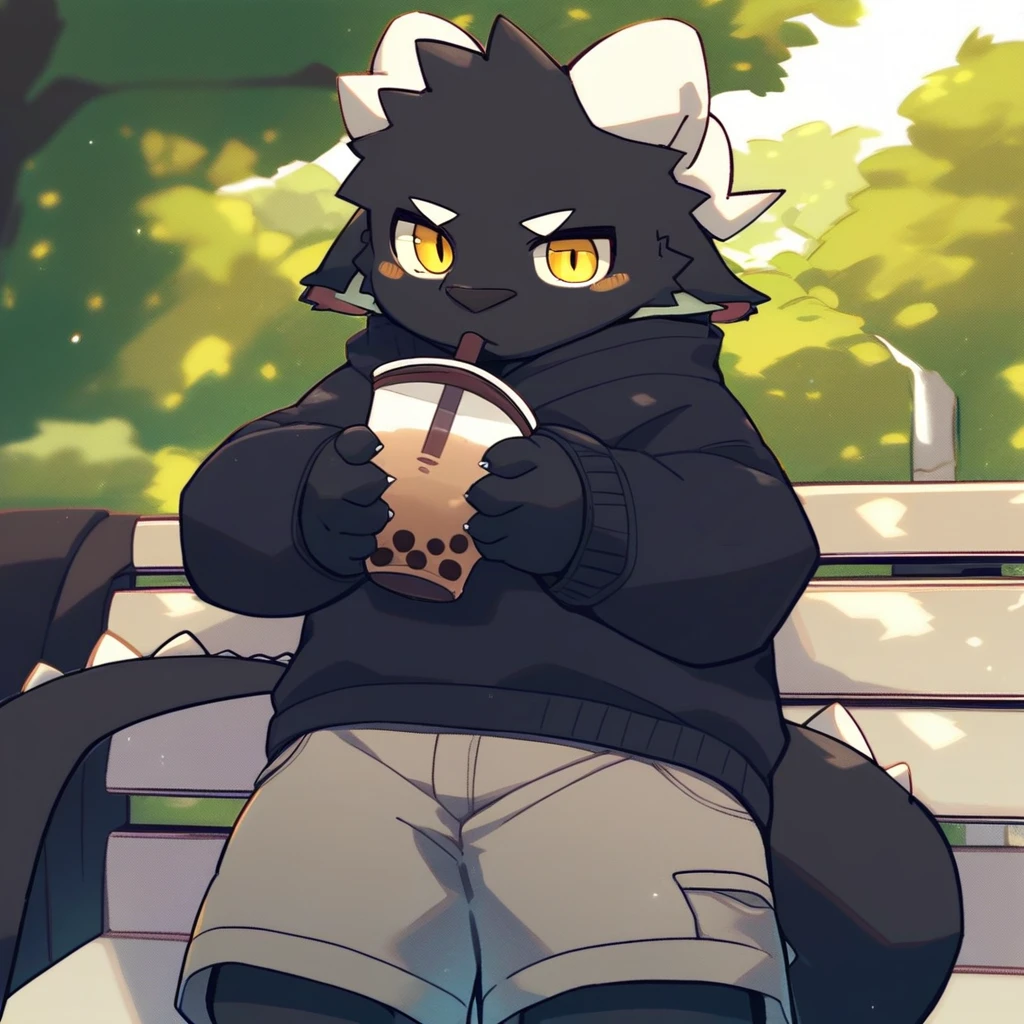 score_9_up, score_8_up, score_7_up, source_furry, mikus-monu__, black dragon, black body, white horns, yellow eyes, park, holding, bubble tea, black sweater, gray shorts, 1boy, solo