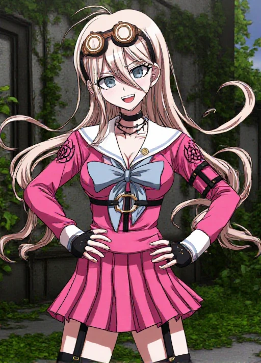 solo, <lora:Miu_Iruma_Flux_r1:1.1>,  <lora:osanai0804style:1.05> osanai0804style .    The image is a screencap from the anime Danganronpa The Animation.        Miu Iruma wearing her uniform from Danganronpa V3. Miu Iruma has waist-length strawberry blonde hair that flows in waves around her back, with two short locks of hair sticking up at the top of her head, sweeping to her right. Her bangs are long and wispy, swept somewhat to her left. She has ice-blue eyes. Her head accessories consist of a pair of brown goggles with gold accents. Miu wears a modified, long-sleeved, dark pink seifuku uniform with a white sailor collar and sleeve cuffs, both striped with a single faded pale blue line, a faded pale blue bow tied at her collar. Her chest cover is noticeably missing, her cleavage exposed. A crest can be found in black printed at the shoulders of her sleeves. She wears a short, dark pink pleated skirt the same color as her uniform, vertically striped off-white knee-high socks, and black heeled boots accented with gold buckles, studs, and buttons. Her accessories include a black choker, two rubber collars that resemble barbed wire, black fingerless gloves studded with silver, a pin of the mouse mascot from Niko Niko Happy on her collar, black straps connected with gold studs wrapping her left upper arm, and black straps studded with gold linked with gold rings around her torso and legs. Her long black boots reach nearly up to her knees.       The background of the image is very overgrown with vines and trees. There is an old stone and concrete building in the background and there are some leaves and branches in the foreground. Both her hands are clenched into fists and held by her hips. She's smiling proudly with her eyes open.