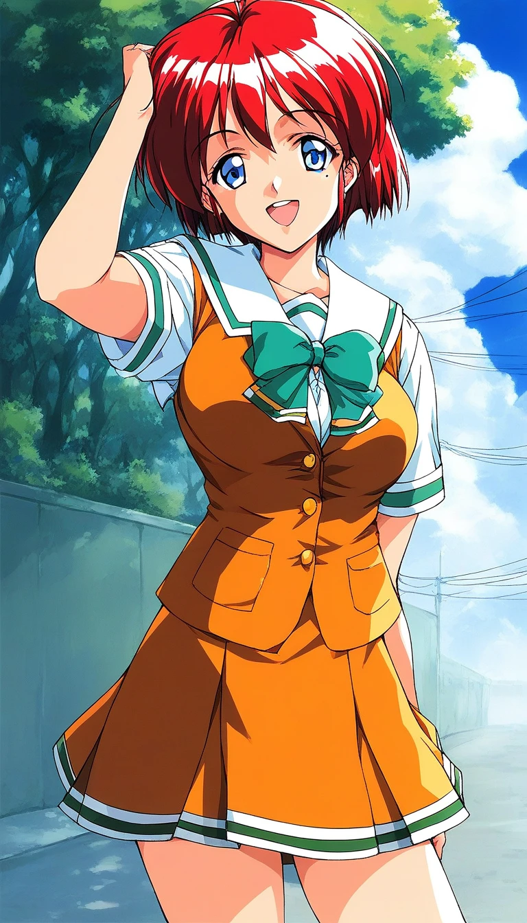 score_9, score_8_up, score_7_up, source_anime, rating_explicit, BREAK  <lora:Hinomoto_Hikari_XL:1> Hinomoto_Hikari, red hair, short hair, blue eyes, breasts, bangs
 solo, 1990s (style), mole, skirt,  day, green school uniform, 
outdoors, orange skirt, smile, bow, open mouth, sky, 
smile,
looking at viewer, 
cowboy_Shot,