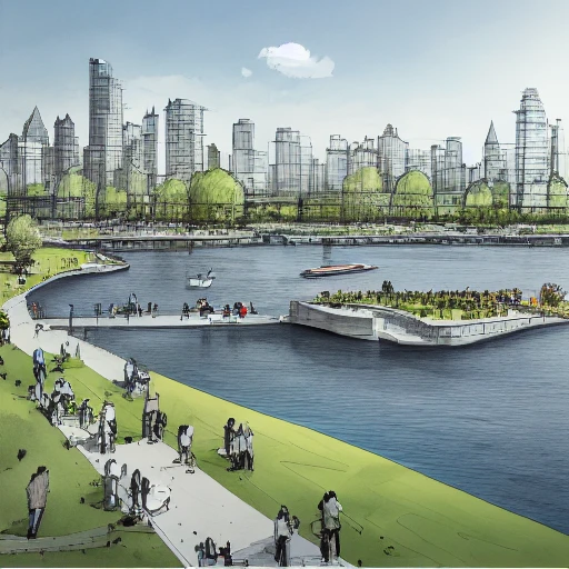 smref sketch, The image shows an artist's rendering of the proposed waterfront park in New York City. It features buildings, trees, plants, grass, people, and boats on the water, with a sky full of clouds in the background., multiple_girls, outdoors, sky, day, cloud, water, tree, bird, ocean, 6+girls, building, scenery, watercraft, bridge, boat, <lora:ArchSketcher:1>