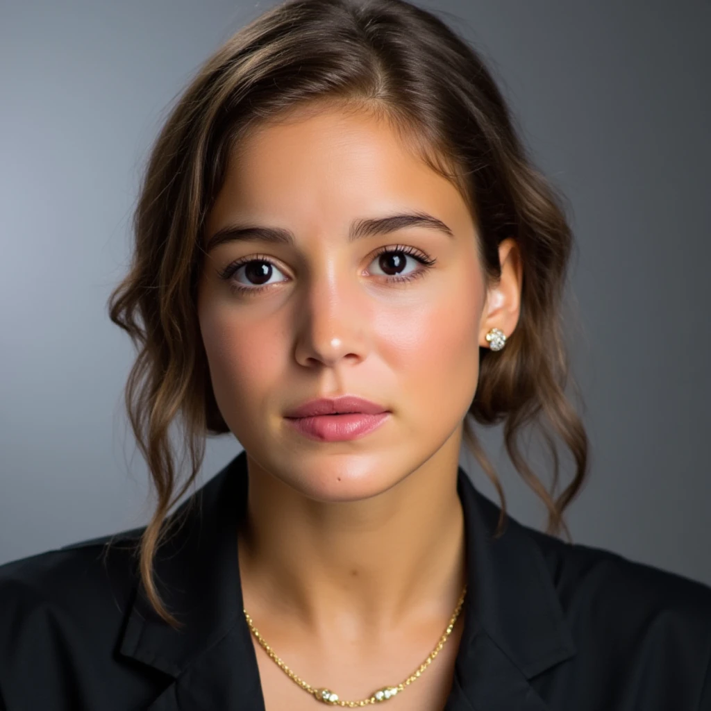 High quality passport photo of a woman wearing a suit and tie looking directly at the camera with her mouth closed and a neutral expression. She is also wearing a delicate gold chain and some understated diamond earrings. , <lora:Alba_Baptista_FLUX_v1-000058:1>