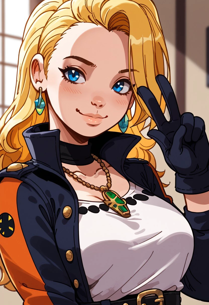 score_9,score_8_up,score_7_up, <lora:skin_color_slider_pdxl_goofy:-6>1girl, Stix, belt, black gloves, blonde hair, blue eyes, breasts, closed mouth, earrings, eyelashes, gloves, high collar, jewelry, light blush, long hair, looking at viewer, necklace, smile, solo, v