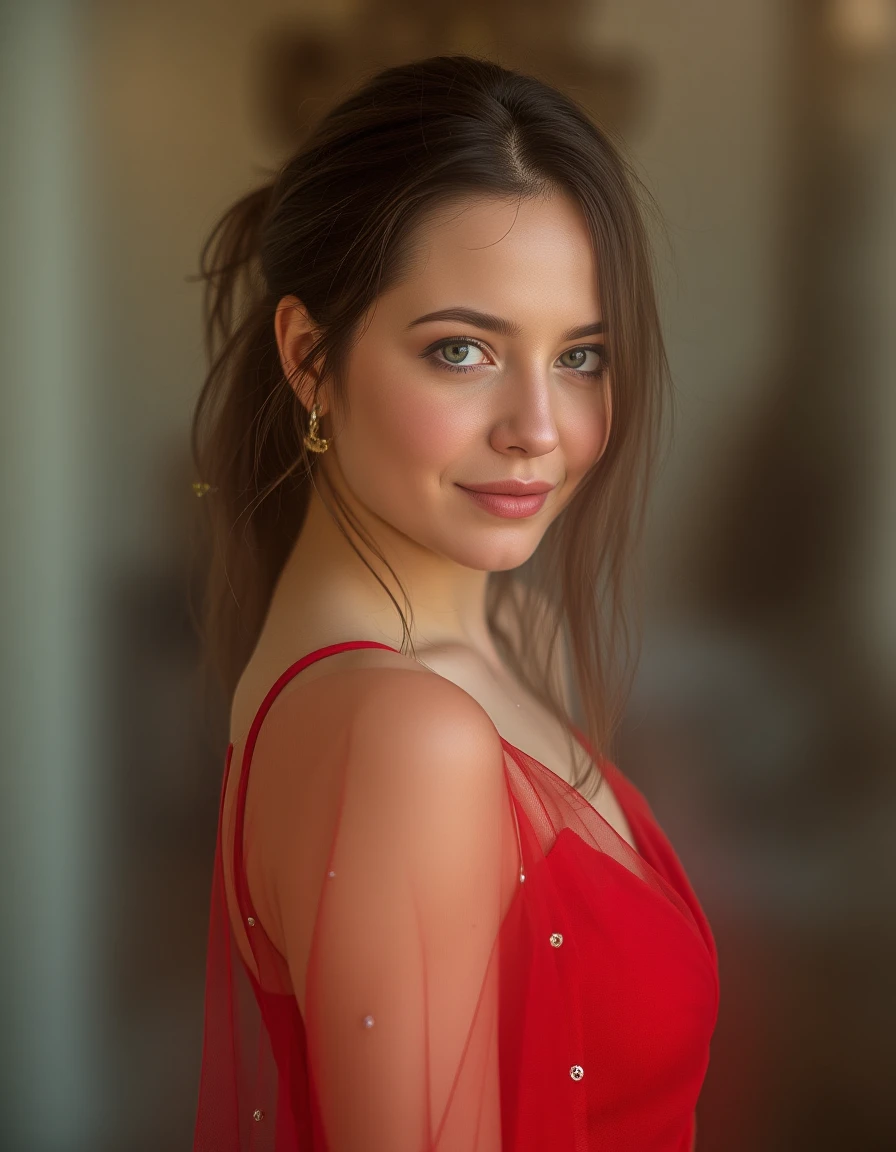 Generate 8k realistic photo portrait of a half-body young woman 30 years old, no makeup, in red evening dress, gold jewelry. In the style of Brandon Woelfel photography. 45 degrees from the camera. 85mm f1.4