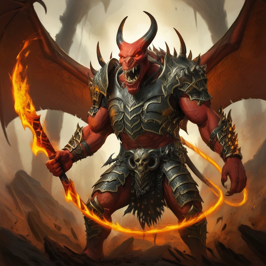 balor, wings, solo, horns, fire, armor, demon, weapon, no humans, red skin, 1boy This image is a highly detailed digital painting of a fantastical, demonic figure. The creature, a demonic warrior, stands in a powerful, dynamic pose, with a menacing expression. Its body is a deep, fiery red, with muscular, imposing physique, and it has a menacing, humanoid form with a mix of human and demonic features. The figure's head is that of a demon, with horns, a snarling mouth, and glowing red eyes. Its arms are muscular and end in sharp, claw-like hands. The creature wears dark, armor-like shoulder pads on its shoulders, adorned with intricate, glowing patterns that match the fiery aura emanating from it. The armor is black with a hint of dark red, enhancing the fiery theme. The creature's wings, large and bat-like, are a darker, more muted brown, partially transparent, and seem to be made of a leathery material. Flames and glowing energy swirl around its body, particularly around its wings and hands, adding to the fiery, demonic appearance. In its right hand, it holds a massive, curved sword with a serrated blade and a handle adorned with skulls, which glows with the same fiery energy as the rest of its body.