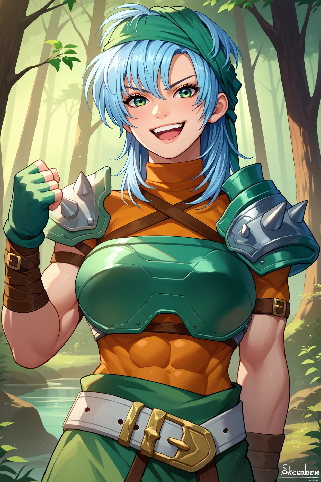 score_9, score_8_up, score_7_up, score_6_up, source_anime, 1girl, solo,  <lora:feechidna-pdxl-nvwls-v1-000005:1> feechid, light blue hair, green eyes, green bandana, green armor, shoulder armor, orange shirt, shoulder spikes, belt, green skirt, bracelet, green gloves, fingerless gloves, forest, toned, smug, upper body, clenched hand, hand up, looking at you, big breasts, portrait, happy