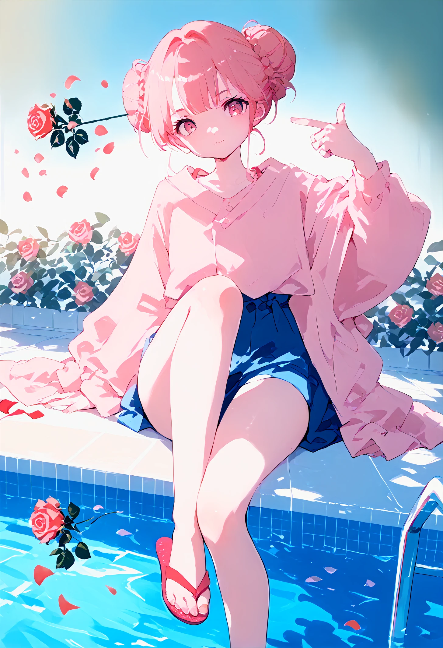 score_9,score_8_up,score_7_up,source_anime,1girl,solo,heart hair bun,borrowed_garments,flip flops,looking at viewer,Selective Color,between thighs,poolside,
<lora:boom finger gun_pony_bx-v1.04:1>,finger gun,rose,petals,