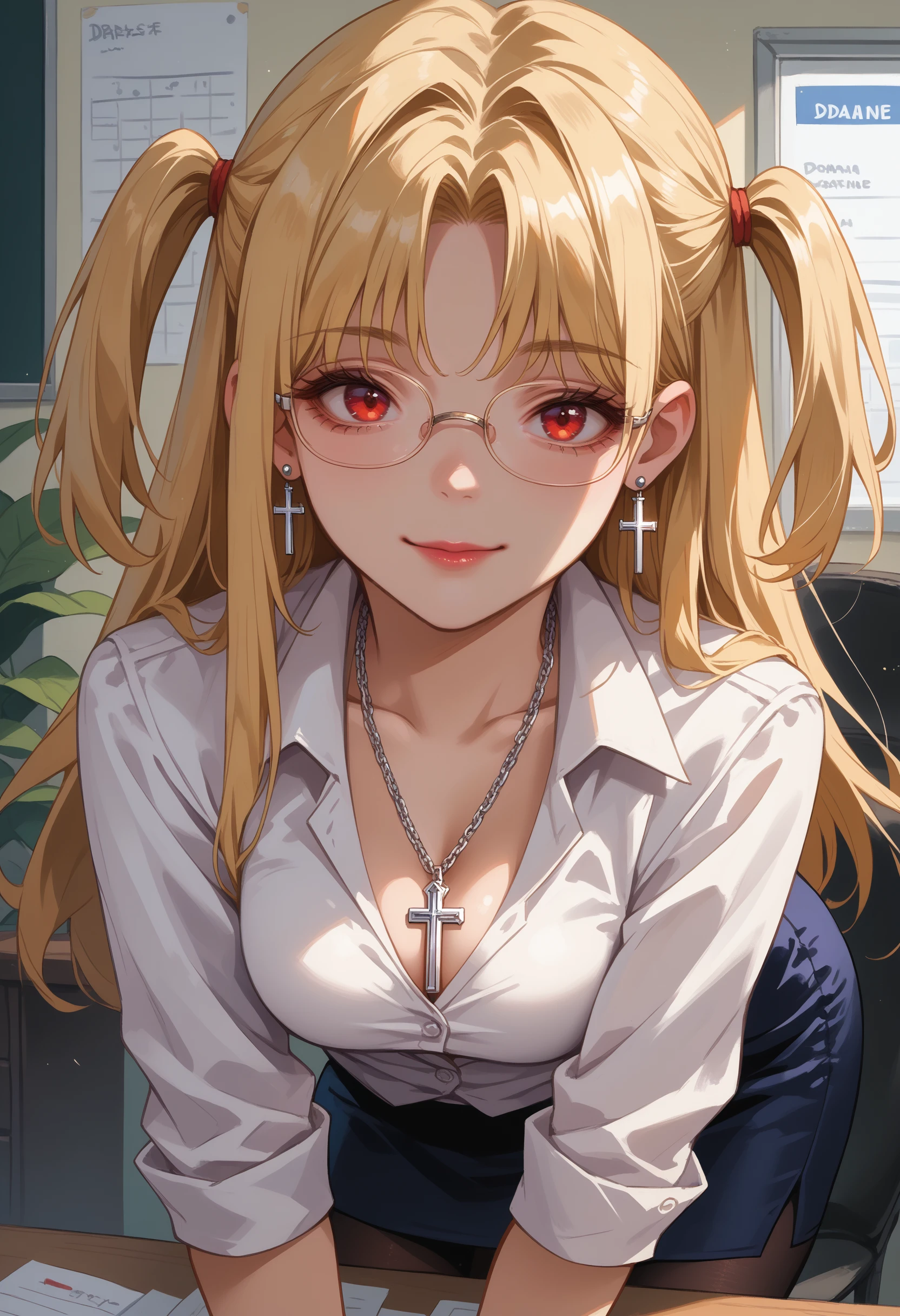 score_9, score_8_up, score_7_up, source_anime, <lora:wrenchDeathNoteAmaneMisa:1>, wrnchdnamanemisa, blonde hair, long hair, two side up, red eyes, solo, 
jewelry, necklace, cross necklace, earrings, 
pencil skirt, black pantyhose, office lady, cleavage, smirk, semi-rimless eyewear, white shirt, first person view, bent over,