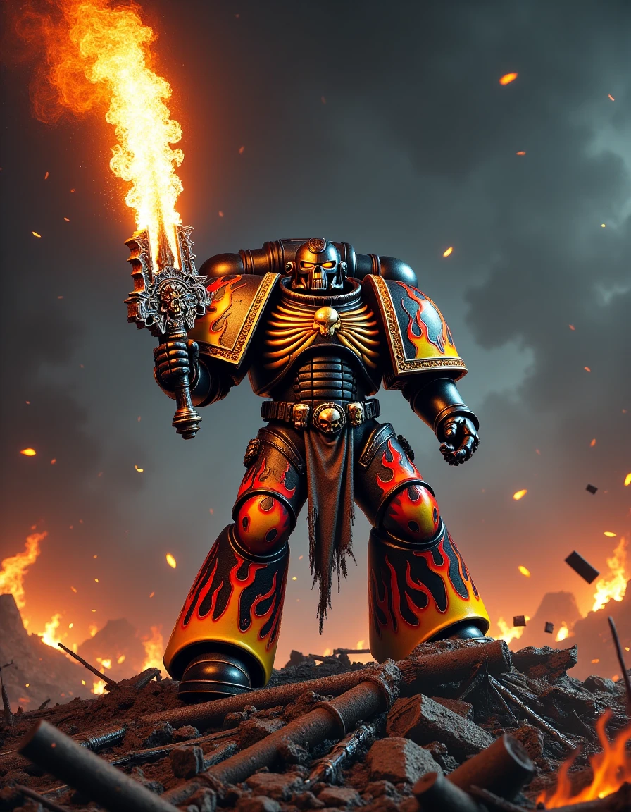 Depict a lone Space Marine standing atop a pile of wreckage, flames flickering around his feet as he raises his flaming chainsword in triumph. The black armor is adorned with hotrod-inspired flames, and skeletal motifs cover the chest and helmet. Glowing eyes stare out into the battlefield. Smoke and debris swirl through the air. The scene is in dark, cinematic lighting with high contrast, and glowing embers illuminate the scene, creating a dramatic atmosphere.