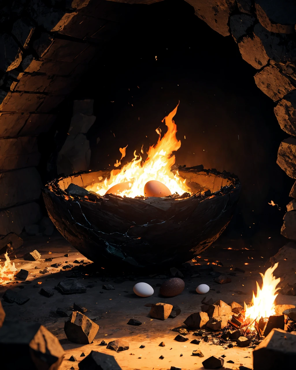 perfection style,a digital art illustration depicting a charred egg sitting on a pile of cinders in a cave full of lava and lit by the fires. The egg is covered with cracks glowing from the inside.,, ,<lora:GoodHands-vanilla:1.2>,masterpiece, best quality, no default,