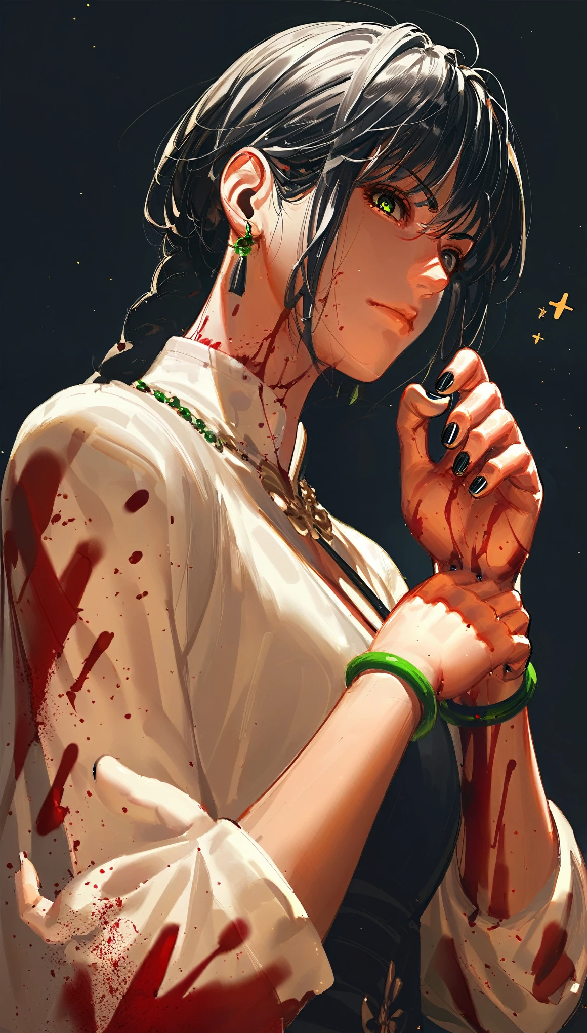 source_anime, score_9, score_8_up, score_7_up, score_6_up, that is a painting of a beautiful lady with blood on her hands, 1girl, jewelry, solo, blood, black hair, earrings, looking at viewer, black nails, shh pose, shh, darkness, night, dark background, shh by finger