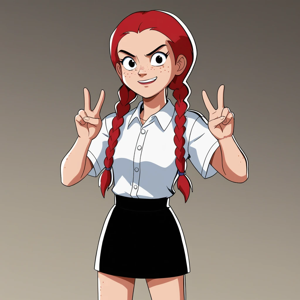 score_9_up, score_8_up, BREAK, TAspiez, 1girl, solo, red hair, twin braids,  black eyes, freckles, white shirt, black skirt, cowboy shot, double v, <lora:The_amazing_spiez_Style_PXL_Leaf2:1>,