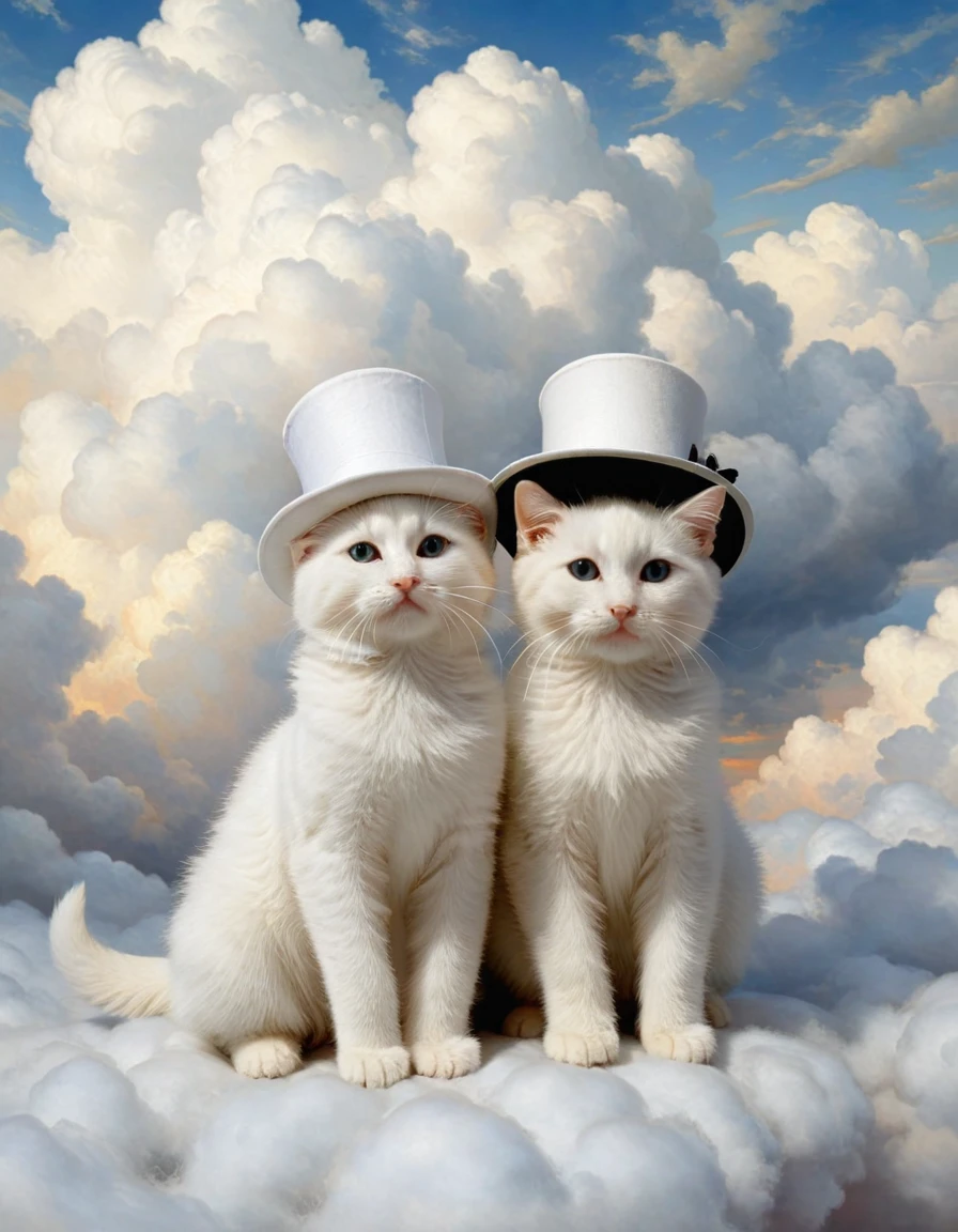 two white fluffy kittens wearing white top hats, amidst the clouds, thick impasto oil painting by william-adolphe bouguereau, white border