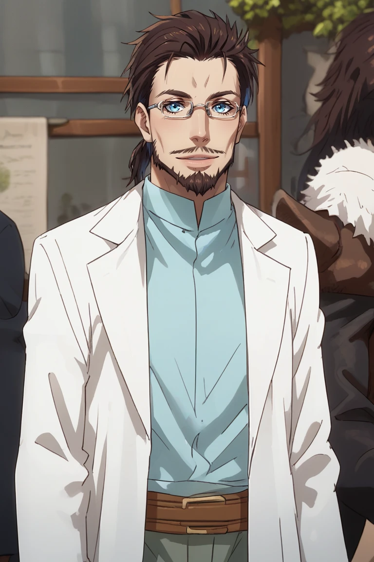 score_9, score_8_up, score_7_up, source_anime, rating_safe, male focus, VestaTGRS, grey_Vesta_glasses, dark brown_Vesta_facial hair, dark brown_Vesta_short ponytail, blue_Vesta_eyes, smiling, 1boy, intricately detailed illustration, blurry indoors