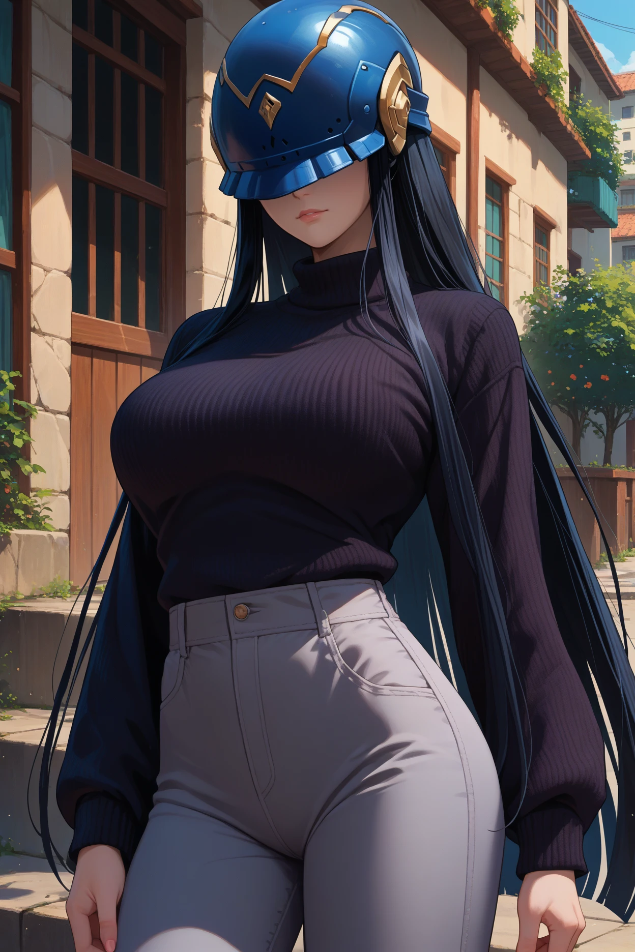 masterpiece, best quality, extremely detailed, absurdres, curvy, busty breasts, pale skin, freckles, big royal blue hair, wavy hair, circle glasses, guildmarm outfit, looking at viewer, cowboy shot,