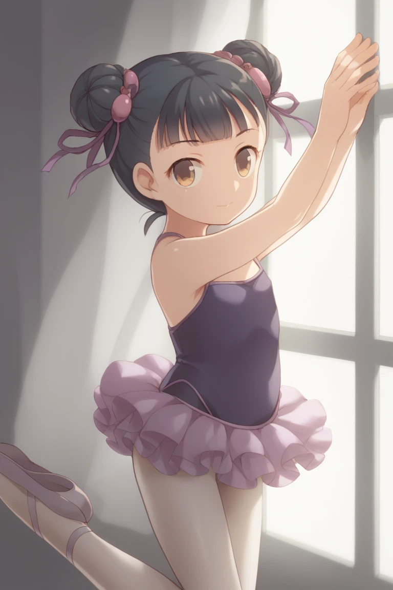 score_9,score_8,score_7, porochaStyle, 1girl, ballerina, ballet, ballet slippers, purple tutu, black hair, blunt bangs, brown eyes, cowboy shot, double bun, hair bun, hair ornament, long hair, looking at viewer, white pantyhose, solo, window, dance studio, focused expression, mirrors, ballet barres