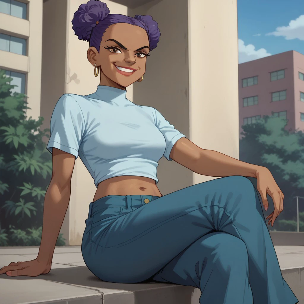 score_9, score_8, score_7, BREAK, sspuff, purple hair, double bun, dark-skinned female, shirt, pants, midriff, earrings, looking at viewer, sitting, crossed legs, smirk,