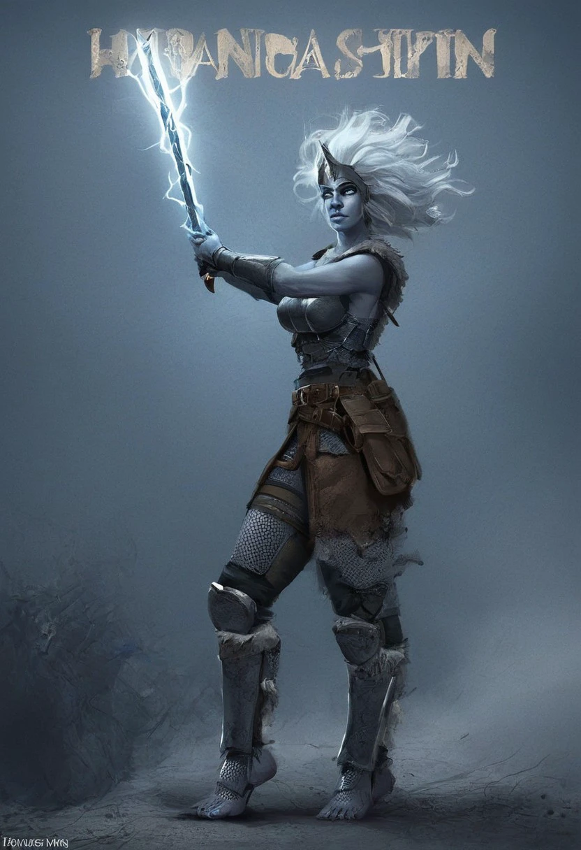 female stormGiant, photo score_9 score_8_up score_7_up action scene, movie stil , 1girl, storm giant, 50 feet tall ,blue skin ,thunderstorm, dramatic, weapon 1girl, focus ,sword facial hair armor colored skin chainmail holding, weapon holding ,electricity ,white hair ,holding sword, helmet belt ,standing ,name greaves