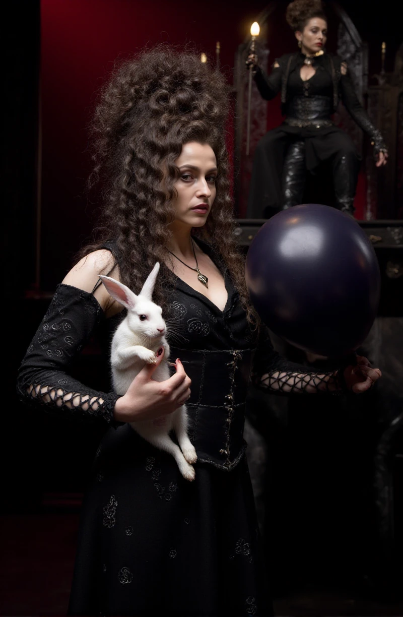 Bellatrix Lestrange is a woman magician doing tricks on a stage with a white rabbit and balloons  <lora:Bellatrix_Lestrange:0.9>