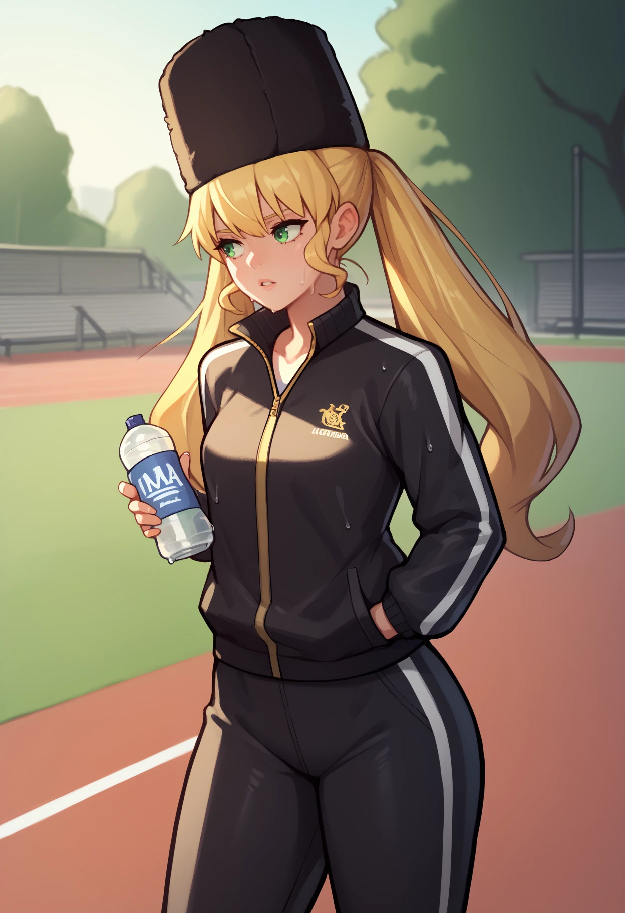 score_9, score_8_up, score_7_up, <break> solo, 1girl, mia karnstein, sweat, parted lips, looking away, standing, holding water bottle, long hair, blonde hair, twintails, black headwear, fur hat, ushanka, green eyes, track suit, black jacket, track jacket, black pants, outdoors, park
<segment:yolo-face_yolov8m.pt,0.4,0.5//cid=1>