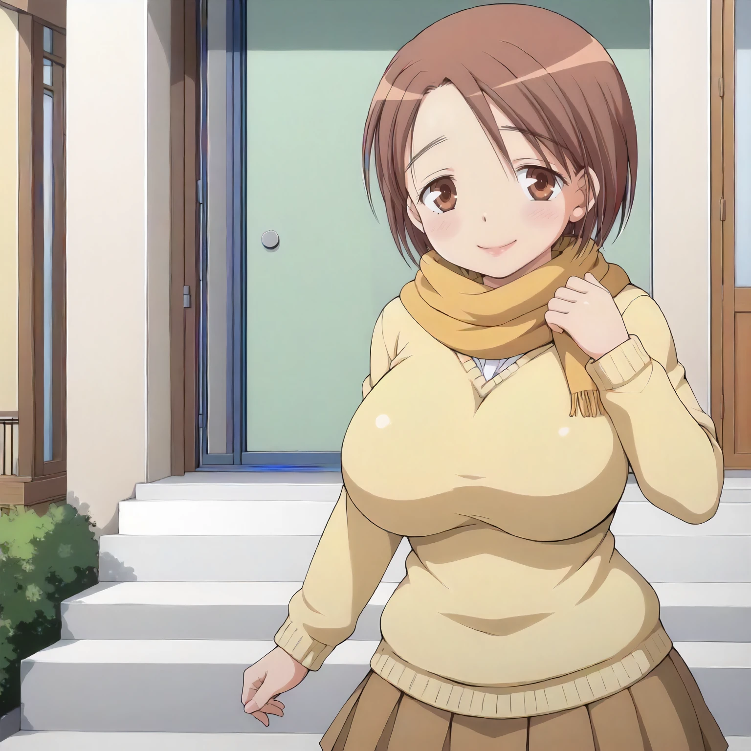 <lora:HNN_HazukiXLpony001>,
outdoors,
smile,
solo,
Hazuki,1girl,brown hair,short hair,brown eyes,
large breasts,
scarf,
yellow sweater,
pleated_skirt,brown skirt,