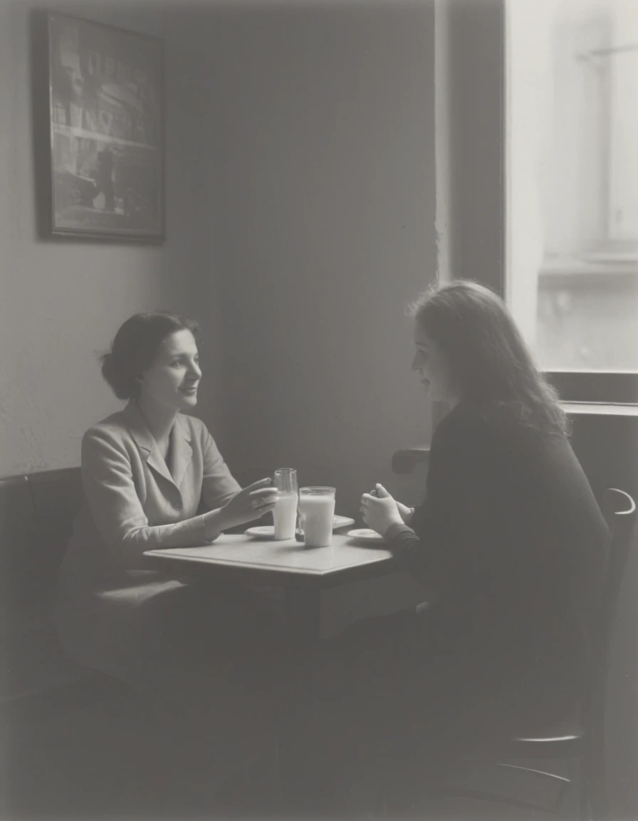 two women chatting in a cafe, <lora:Josef_Sudek_Style:0.8>sudek