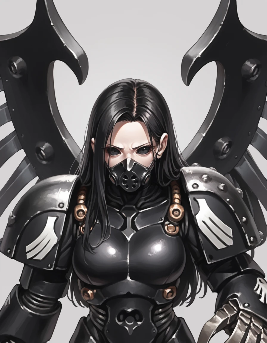 score_9, score_8_up, score_7_up, 2d, source_anime, cartoon, upper body,
ravenguarddarkfury, power armor, mask, wings, claws,
mature female, curvy, black hair, long hair, pale skin, gaunt, black eyes, solid eyes, black sclera,
<lora:RavenGuardDarkFury_PonyXL:0.7>